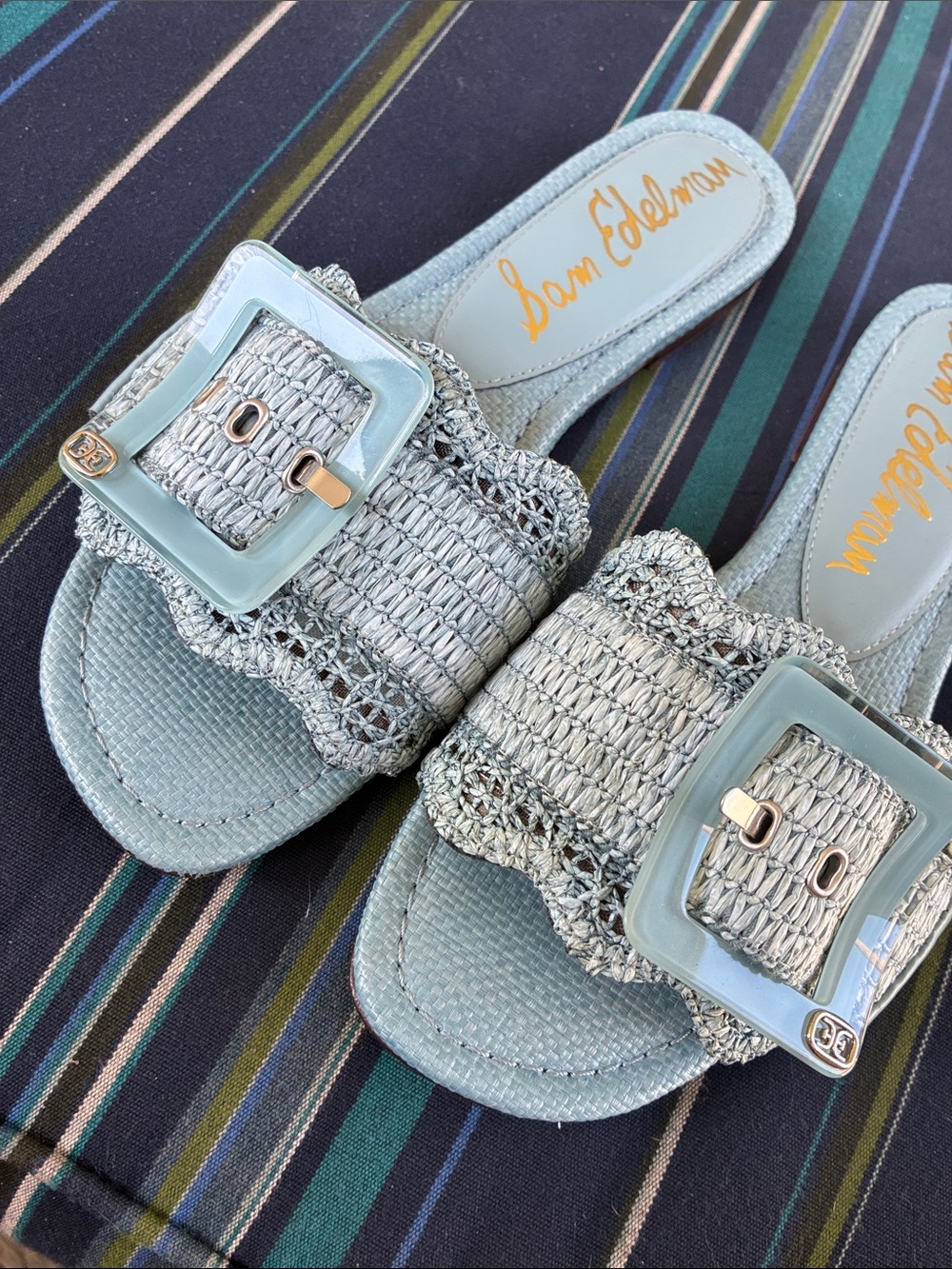 Sam Edelman Pale Blue Raffia Buckle Slide Sandals - Picture 7 of 8
